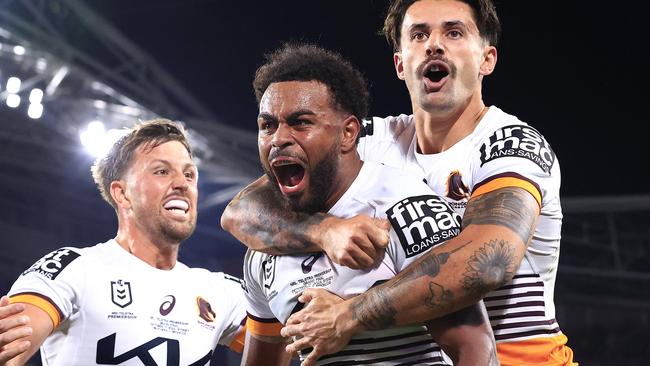 Ezra Mam scores during the 2023 NRL Grand Final between the Brisbane Broncos and the Penrith Panthers at Accor Stadium, Sydney Olympic Park. Pics Adam Head