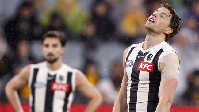 MELBOURNE, AUSTRALIA - JULY 20:  Patrick Lipinski of the Magpies reacts during the round 19 AFL match between Hawthorn Hawks and Collingwood Magpies at Melbourne Cricket Ground, on July 20, 2024, in Melbourne, Australia. (Photo by Darrian Traynor/Getty Images)