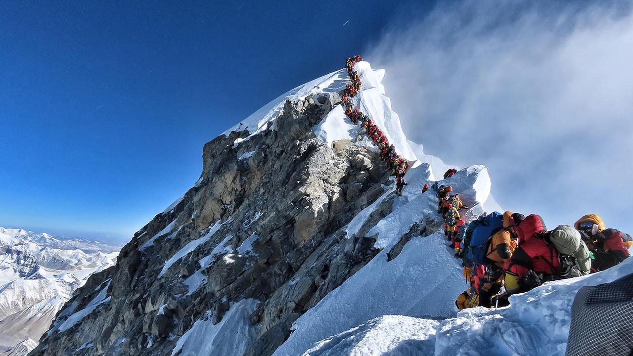 Mr Fisher posted a warning about the amount of people on the mountain in the days leading up to his death on Mount Everest. Picture: Handout / @nimsdai Project Possible / AFP