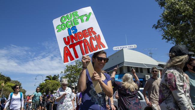 Protesters clash with police, riot squad in Byron Bay during The freedom protest on Saturday, September 18, , NO BYLINE