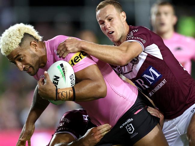 SYDNEY, AUSTRALIA - APRIL 01:  Viliame Kikau of the Panthers is tackled during the round four NRL match between the Manly Warringah Sea Eagles and the Penrith Panthers at Lottoland on April 01, 2021, in Sydney, Australia. (Photo by Cameron Spencer/Getty Images)