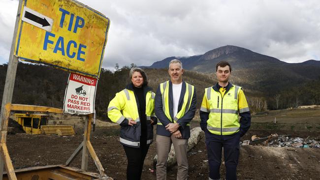 Fiona McAlpine program manager waste and circular economy, Michael Stretton CEO City of Hobart, Noah Vale toll booth operator. McRobies Gully Waste Management Centre in South Hobart set to close by 2030. Picture: Nikki Davis-Jones