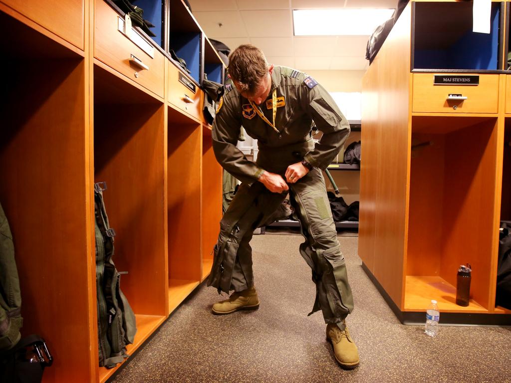 Australian Pilots training in the F35 fighter Jets Luke Airforce Base in Phoenix Arizona. Flight Lieutenant “Damo” before a flight . Picture: Nathan Edwards