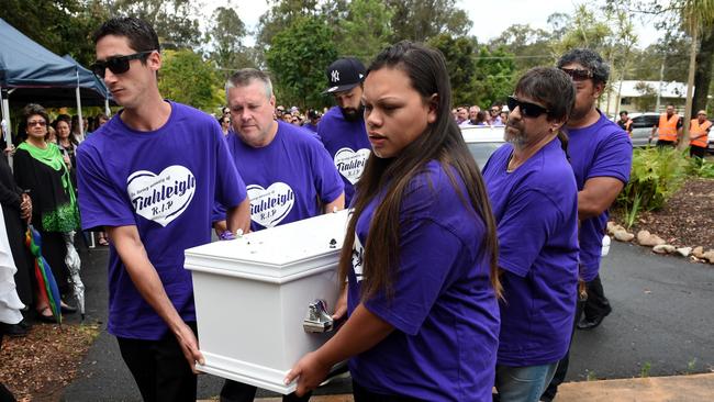 Pallbearers, including convicted killer Rick Thorburn (second from left) carry the coffin of murdered schoolgirl Tiahleigh Palmer. Picture: AAP Image/Dan Peled