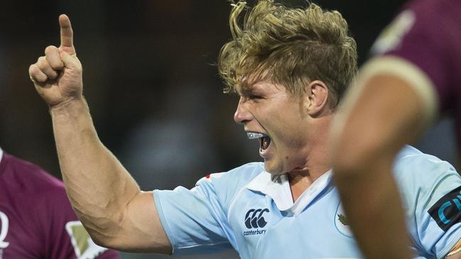 *RETRANSMISSION - caption correction* Michael Hooper of the Waratahs celebrates a try by Harry Johnson-Holmes of the Waratahs during the Round 9 Super Rugby match between the NSW Waratahs and the Queensland Reds at the SCG in Sydney, Saturday, April 14, 2018. (AAP Image/Craig Golding) NO ARCHIVING, EDITORIAL USE ONLY