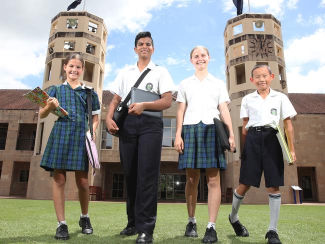 >>>>> Embargoed till Wednesday<<<<< Somerset College has taken the top spot for 2023 NAPLAN results on the Gold Coast . Happy students from left, Piper Millar 10 (year5), Abhiraj Sarmah 13 (year 9), Savannah walker 14 (Year 9) and Zongyou Han 10 (year 5).  Picture Glenn Hampson