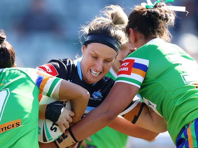 CANBERRA, AUSTRALIA - AUGUST 10: Holli Wheeler of the Sharks in action during the round three NRLW match between Canberra Raiders and Cronulla Sharks at GIO Stadium on August 10, 2024 in Canberra, Australia. (Photo by Mark Nolan/Getty Images)