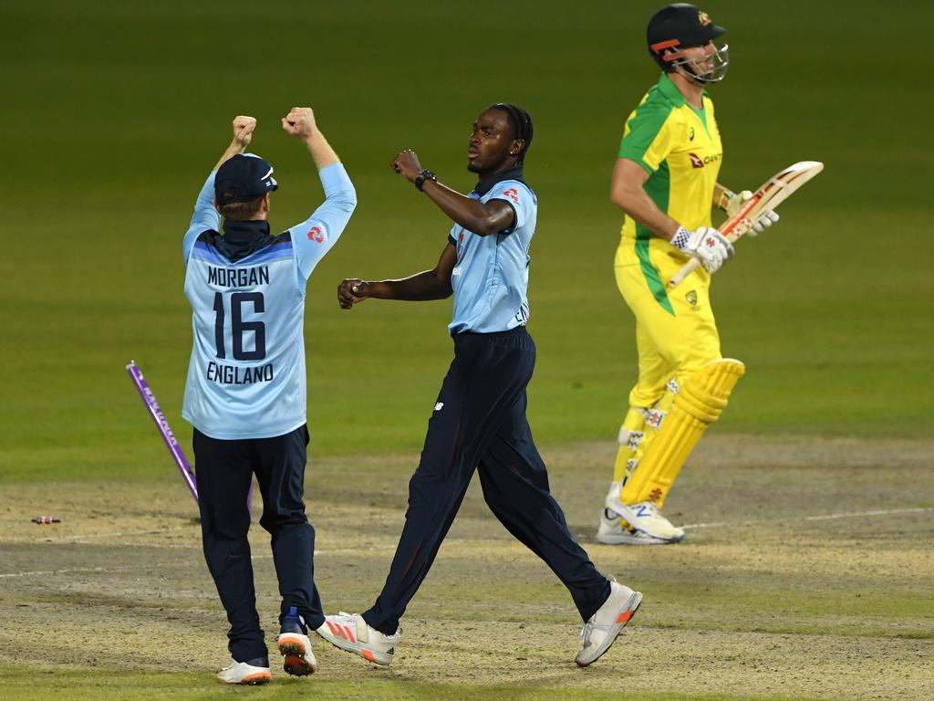 Jofra Archer celebrates after bowling Mitchell Marsh. Picture: Stu Forster/Getty Images