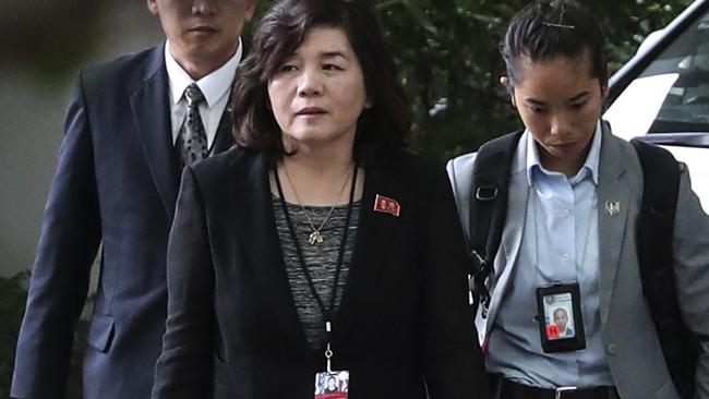 Choe Son Hui arrives for a meeting with US Ambassador to the Philippines Sung Kim at the Ritz-Carlton Millenia Hotel in Singapore.  Picture: AP. Lim, File)