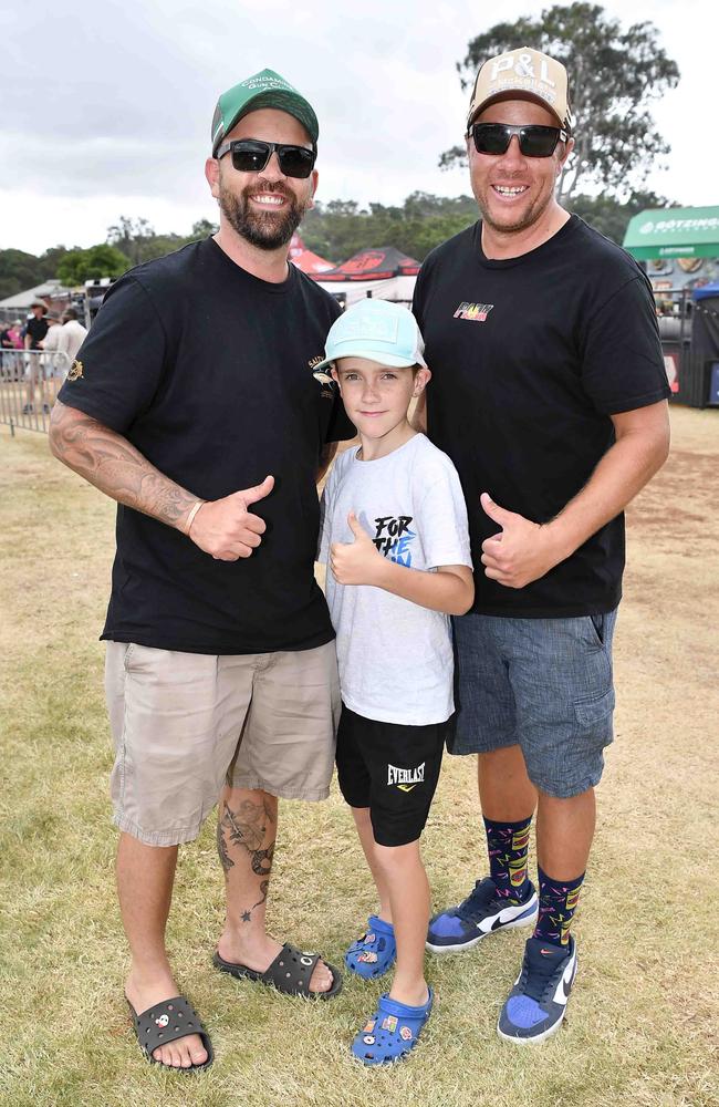 Warren and Hunter Hewitt with Cameron Kennedy at Meatstock, Toowoomba Showgrounds. Picture: Patrick Woods.