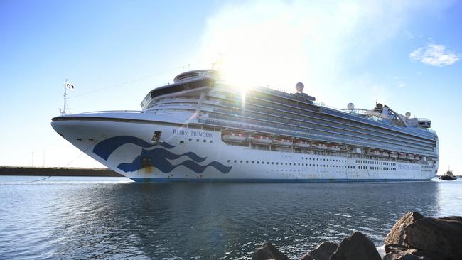 The Ruby Princess, with crew only on-board, docks at Port Kembla, on April 6.