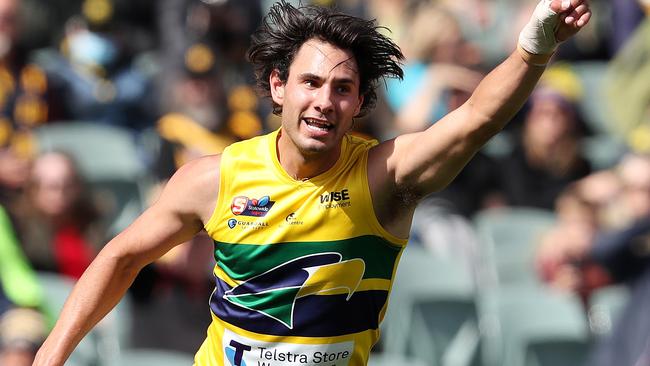 SANFL GRAND FINAL - Sunday, 3rd October, 2021. Glenelg v Eagles at The Adelaide Oval. Troy Menzel of the Eagles celebrates a goal Picture: Sarah Reed