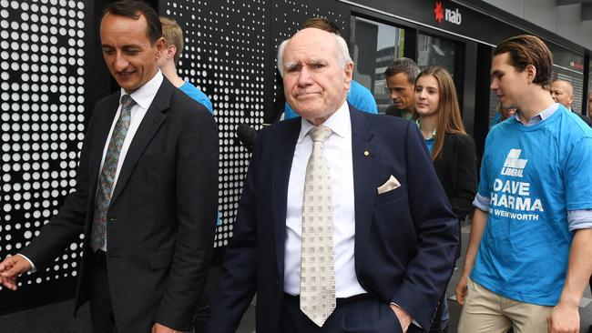 Former prime minister John Howard joins Liberal candidate for Wentworth Dave Sharma as they campaign in Double Bay in Sydney. Picture: AAP