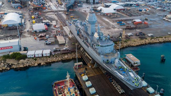 HMAS Perth is moved out of the dry dock at Australian Marine Complex at Henderson, WA after completing a major part of the Anzac Midlife Capability Assurance Program to upgrade radar capabilities, communications systems and crew habitable areas. Picture: Department of Defence