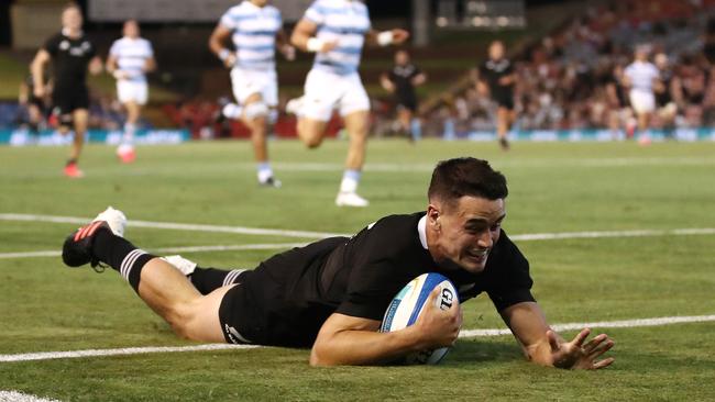 Will Jordan crosses for one of the 16 tries the All Blacks have scored throughout the Tri Nations Picture: Getty Images