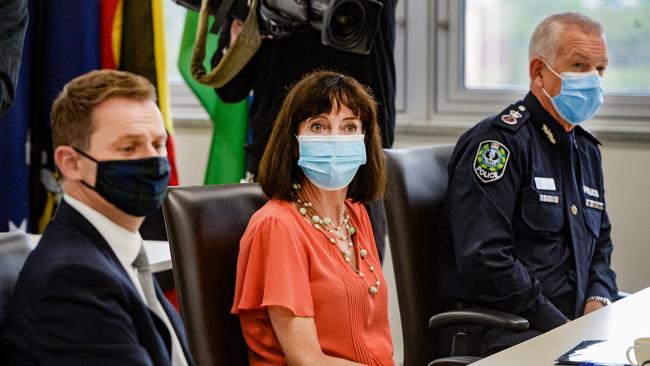 Health Minister Stephen Mullighan, Deputy Premier Susan Close and SA Police Commissioner Grant Stevens in the first Emergency Management Council Cabinet Sub-Committee meeting with in the Cabinet Room. Picture: NCA NewsWire / Brenton Edwards