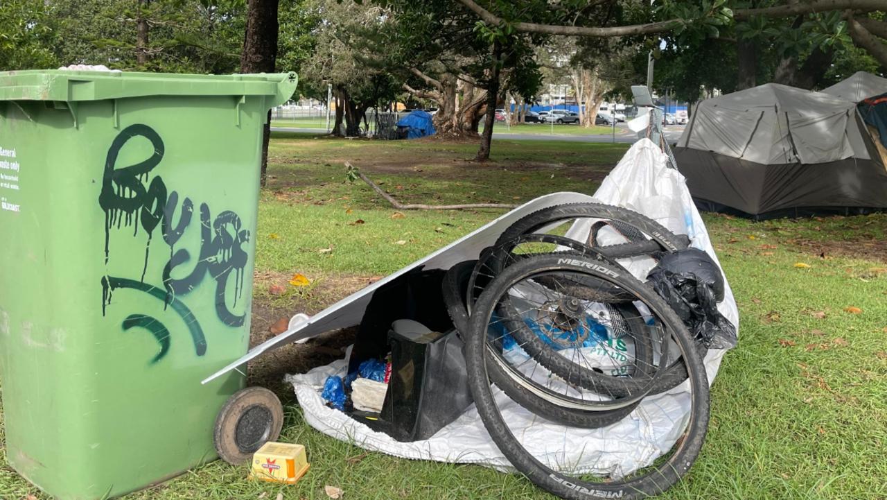 Some of the rubbish left at Carey Park after the homeless were evicted by the Gold Coast City Council. They say the City asked them to leave it near the footpath.