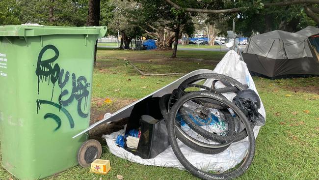 Some of the rubbish left at Carey Park after the homeless were evicted by the Gold Coast City Council. They say the City asked them to leave it near the footpath.