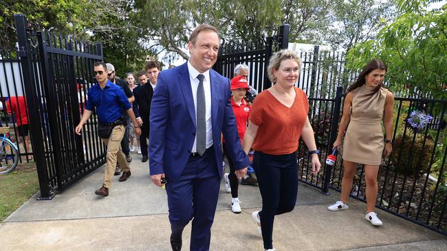 Premier Steven Miles and wife Kim arrive at Kallangur State School to vote. Picture: NewsWire/ Adam Head