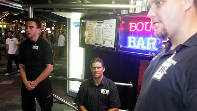 Shane Wyrzynski (far right), during his time as a bouncer at Bourbon Bar in Surfers Paradise (2005). Picture: Michael Ross.