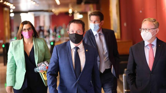 Paul Toole (second from left) walks into the Nationals party meeting with colleagues. Picture: NCA NewsWire / Damian Shaw