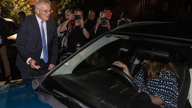 Prime Minister Scott Morrison arrives in Nowra. A woman from a car yells out “we love you Scott”. Picture: Jason Edwards