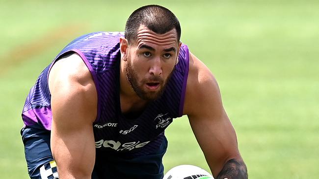 Melbourne Storm star Nelson Asofa-Solomona has been outspoken on his beliefs regarding the Covid-19 vaccine. Picture: Bradley Kanaris / Getty Images