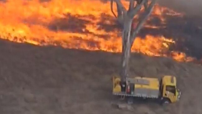 A bushfire rages towards Laidley. One home has already been destroyed. Photo courtesy of 7 News.