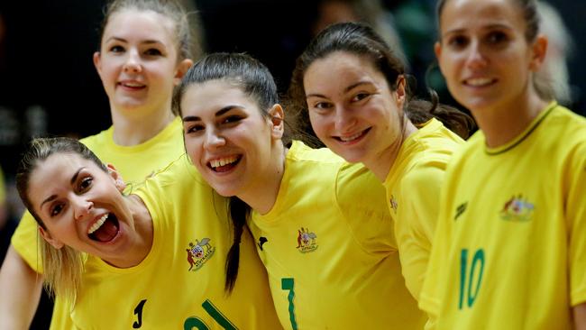 Australian players ham it up before the game. Picture: Peter Kelly