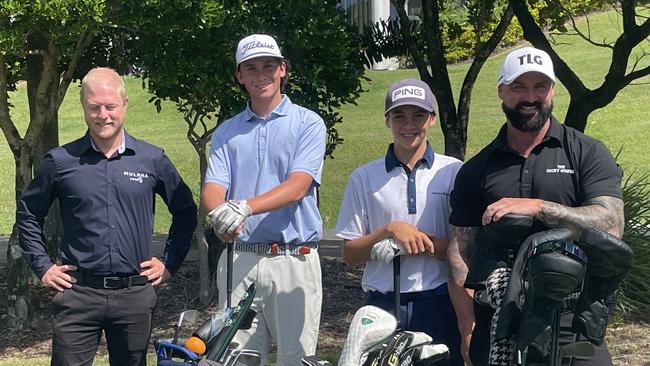 Mulpha Events head of events Corey Rattray-Wood, Gold Coast junior golfers Flynn Carter and Byron Reick and Australian long driver Matt Nicholls at the launch of the 2025 Gold Coast Festival of Golf.