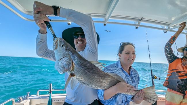 Wedding guests enjoy a fishing charter in the Top End organised by Jocelyn Ellero and Haydn Brown. Picture: Jocelyn Ellero