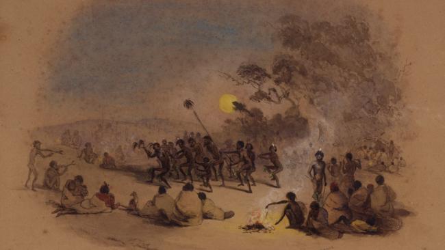 George French Angas, Kuri Dance, 1844, watercolour, South Australian Museum