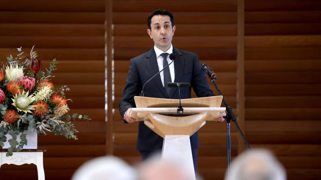 David Crisafulli leader of the opposition NLP, speaks at the State Funeral Service for Mike Ahern AO, at Our Lady of the Rosary Catholic Church, Caloundra, on Friday 25th August 2023 - Photo Steve Pohlner