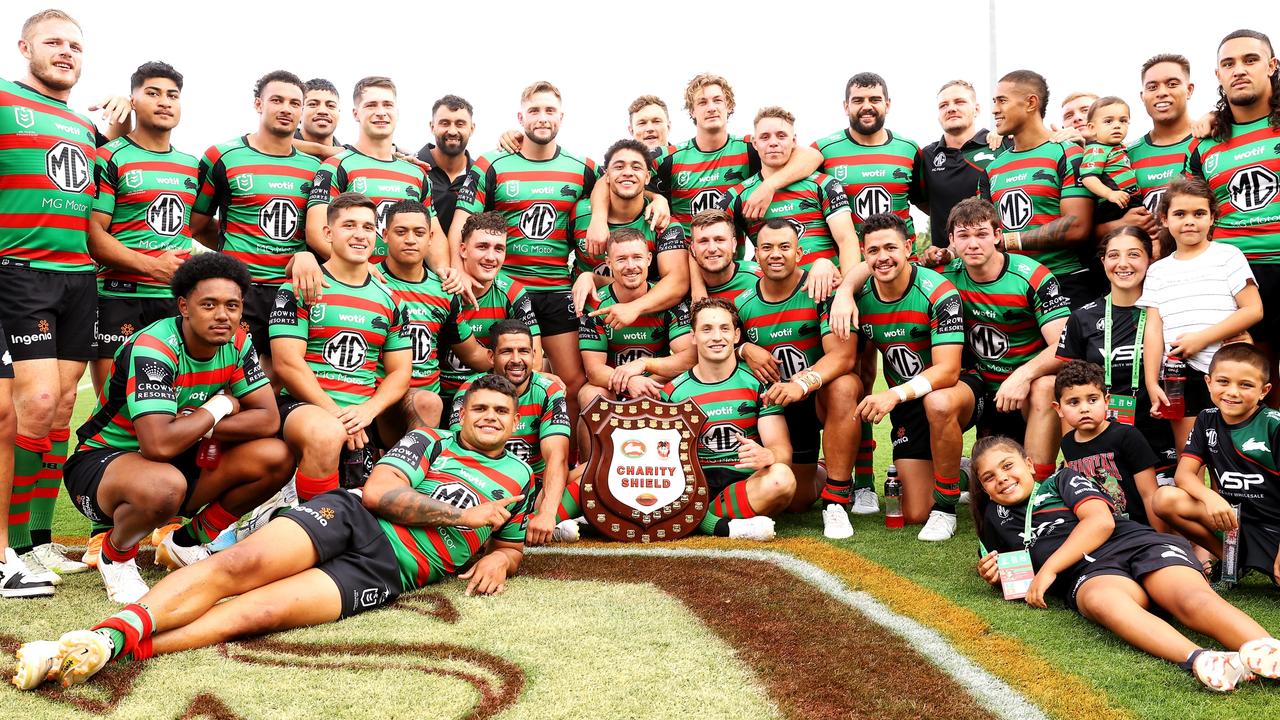 The Rabbitohs pose with the 2023 Charity Shield. Picture: Mark Kolbe/Getty