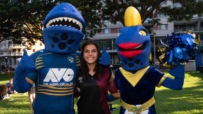 Eels mascots & Ava Appo at the Darwin Waterfront signing session. Picture: Pema Tamang Pakhrin
