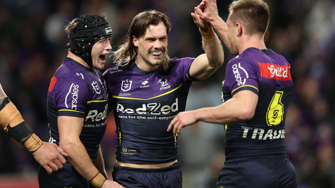 Ryan Papenhuyzen celebrates one of two tries against the Roosters. (Photo by Cameron Spencer/Getty Images)