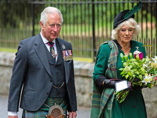 Prince Charles and Camilla, Duchess of Cornwall. Picture: Gettywalk to take part in a two minute silence to mark the 75th anniversary of VE Day at the Bal