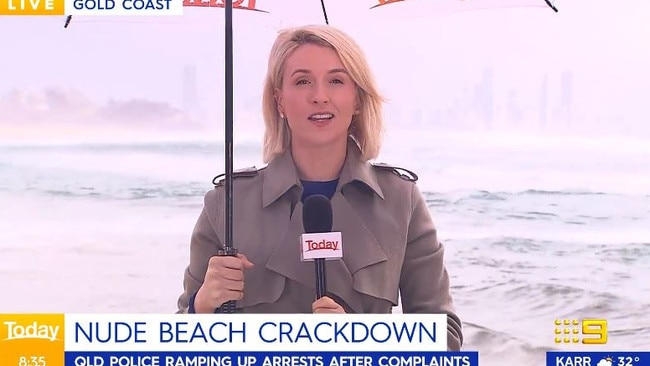 Mr Stefanovic jokingly questioned Ms Glover's choice to wear a trench coat while reporting. Picture: Today