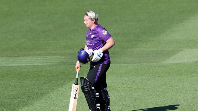 Rachel Priest of the Hobart Hurricanes bowled for a duck on the first ball of the match by Courtney Sippel of the Brisbane Heat during the Women's Big Bash League match between the Hobart Hurricanes and the Brisbane Heat at University of Tasmania Stadium, on October 26, 2021, in Launceston, Australia. (Photo by Sarah Reed/Getty Images)