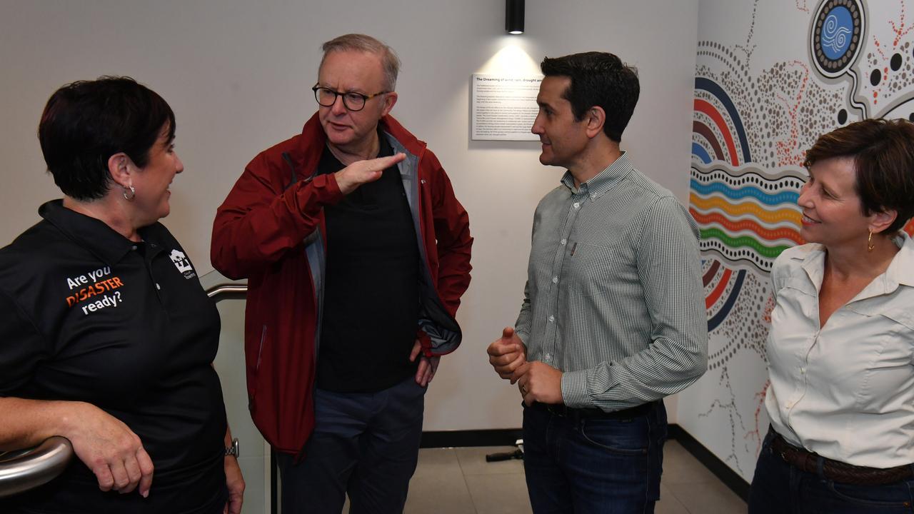 Acting Mayor Ann-Maree Greaney, Prime Minister Anthony Albanese, Premier David Crisafulli and Emergency Management Minister Jenny McAllister. Picture: Evan Morgan