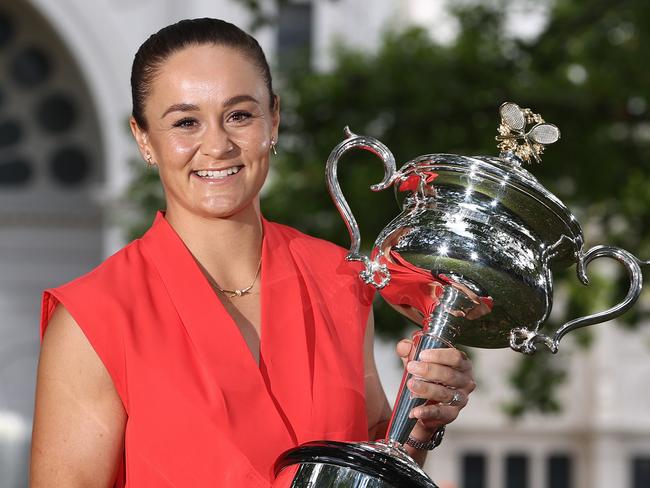 MELBOURNE.  30/01/2022. WomenÃs Australian open champion Ash Barty poses for photos outside the Exhibition Buildings in Carlton. .      . Photo by Michael Klein