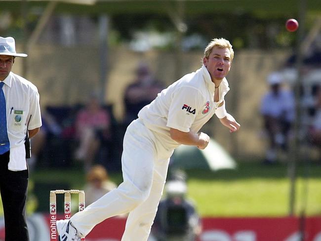 Shane Warne bowls against Sri Lanka in Darwin in July, 2004. Picture: Patrina Malone