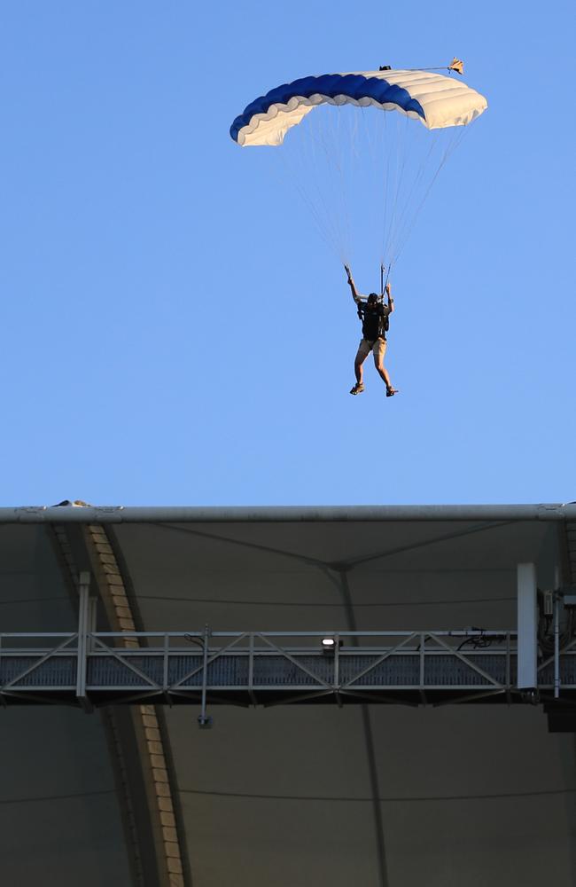 17th October 2020, Grand Final Sky Divers arrive in the stadium during the Gold Coast Rugby League A-Grade Grand Final between the Runaway Bay Seagulls and the Burleigh Bears played at CBus Stadium Photo: Scott Powick Newscorp