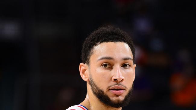 PHOENIX, AZ - FEBRUARY 13: Ben Simmons #25 of the Philadelphia 76ers looks on during the game against the Phoenix Suns on February 13, 2021 at Talking Stick Resort Arena in Phoenix, Arizona. NOTE TO USER: User expressly acknowledges and agrees that, by downloading and or using this photograph, user is consenting to the terms and conditions of the Getty Images License Agreement. Mandatory Copyright Notice: Copyright 2021 NBAE Barry Gossage/NBAE via Getty Images/AFP (Photo by Barry Gossage / NBAE / Getty Images / Getty Images via AFP)