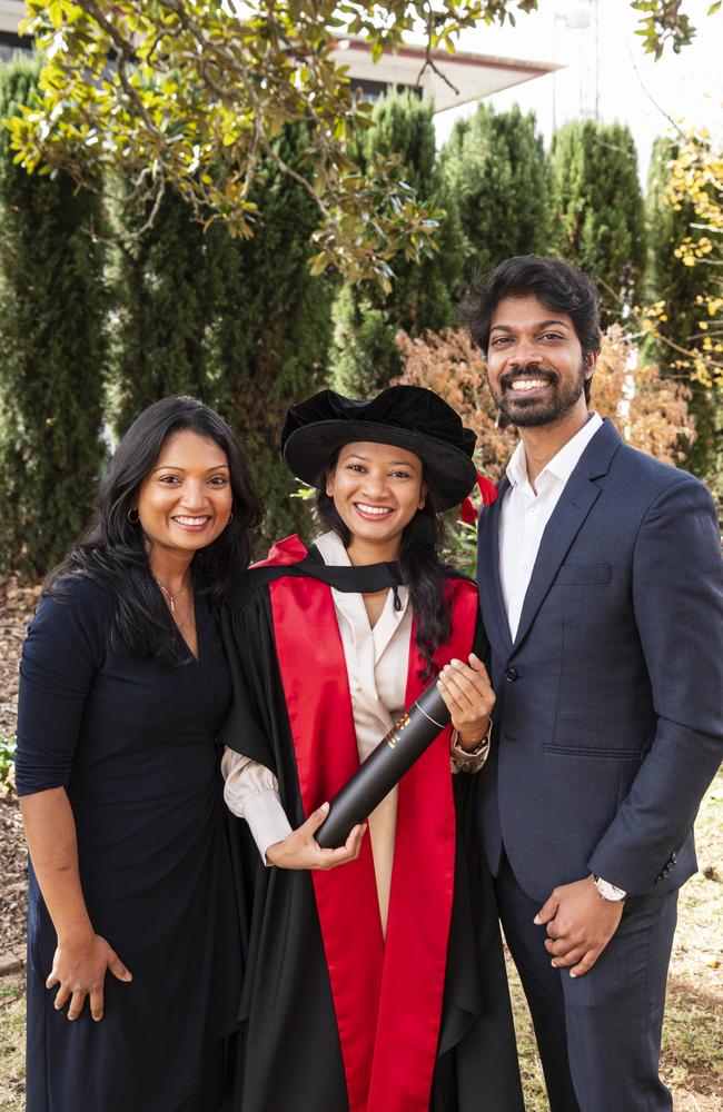 PhD graduate Suren Cabral de Mel with Ruven Senanayake and Ruvi de Mel at a UniSQ graduation ceremony at The Empire, Tuesday, June 25, 2024. Picture: Kevin Farmer