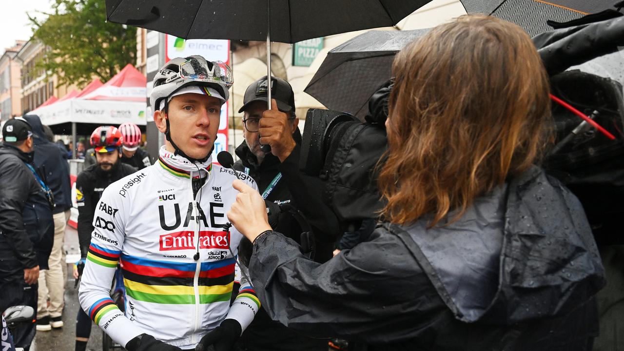 Tadej Pogacar of Slovenia and Team UAE Team Emirates spoke to the media after the suspension of the race due to adverse weather conditions during the 103rd Tre Valli Varesine 2024 a 168km one day race from Busto Arsizio to Varese 377m / Race shortened due to adverse weather conditions / on October 08, 2024 in Varese, Italy. (Photo by Dario Belingheri/Getty Images)