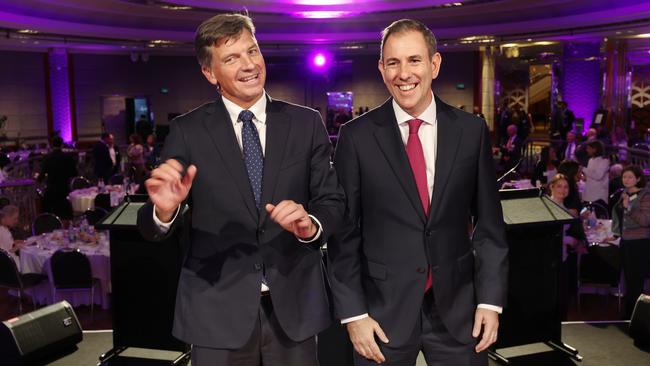 Shadow treasurer Angus Taylor, with Jim Chalmers before a debate, will release Coalition costings on Thursday. Picture: NewsWire/ David Crosling