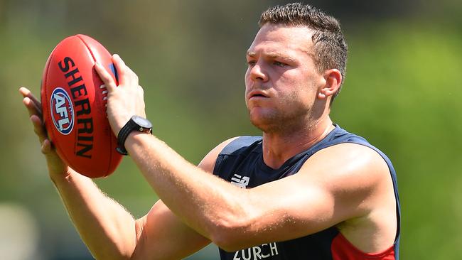 MELBOURNE, AUSTRALIA - NOVEMBER 19: Steven May of the Demons marks during a Melbourne Demons AFL training session at Gosch's Paddock on November 19, 2018 in Melbourne, Australia. (Photo by Quinn Rooney/Getty Images)