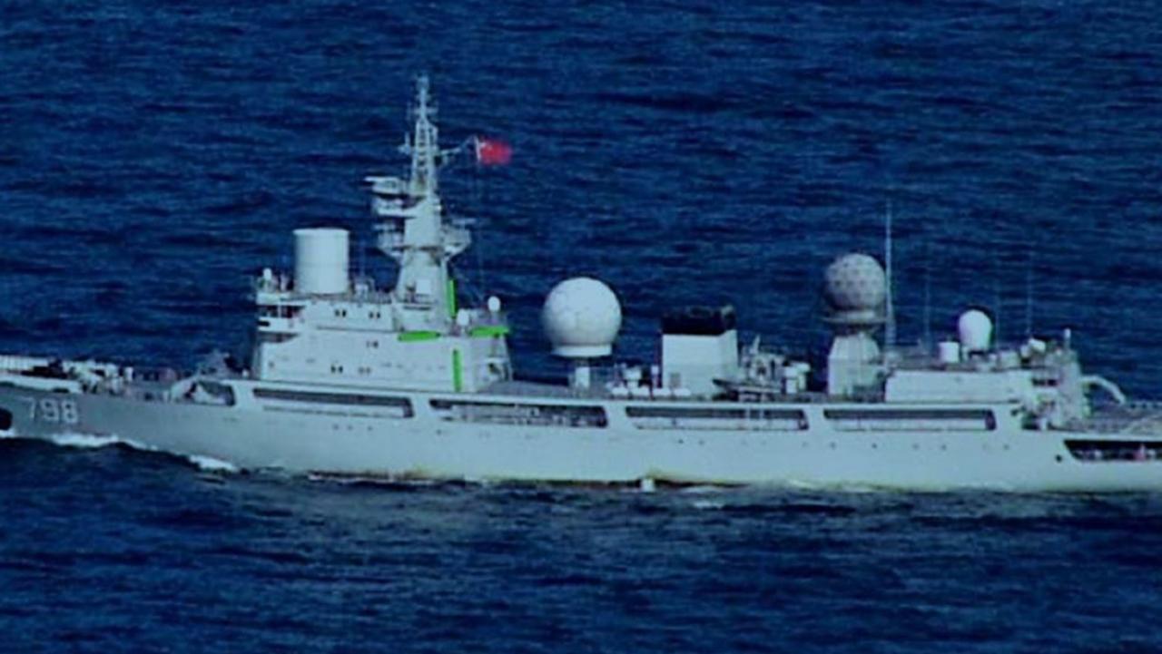 The PLA Navy General Intelligence Ship Yuhengxing operating off Australia’s east coast in August 2021. The green crosshair is a standard feature of ADF imaging equipment. Picture: Australian Department of Defence