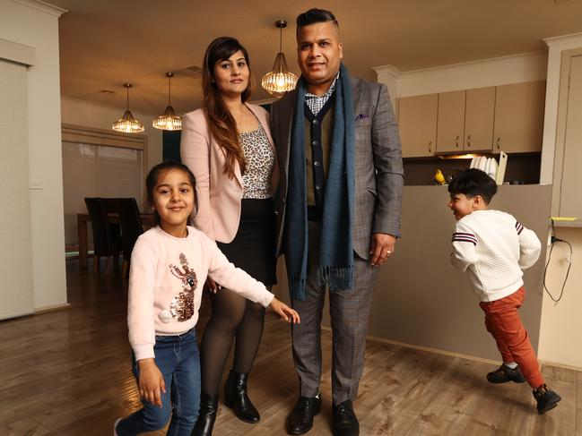 Sunny Shah and wife Kamna Shah, with their children Shrey 4 and Shaniya 6, expect to cut back on going out for dinners, buying coffee and even some groceries if there is another rate hike as they are preparing to build their dream home in Truganina.                Picture: David Caird